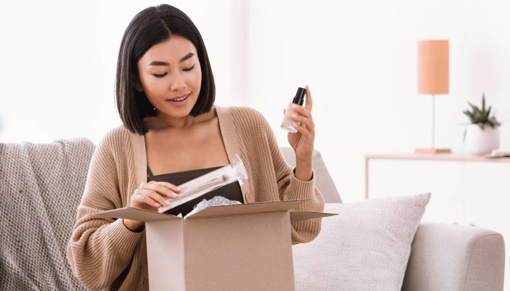 Woman Unboxing A Sustainable Delivery Of Beauty And Cosmetic Products